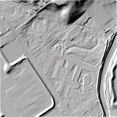 Shaded relief map of the ground around M73RR, computed from Environment Agency LiDAR. The ground here sits at about 30 m above sea level and falls 27 m across the surrounding 800 m. Surface water reaching this point runs off ground lying to the east-north-east, 3.1 m higher.