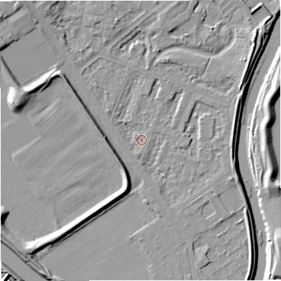 Shaded relief map of the ground around M73RS, computed from Environment Agency LiDAR. The ground here sits at about 30 m above sea level and falls 9 m across the surrounding 800 m. Surface water reaching this point runs off ground lying to the north-west, 6.4 m higher.