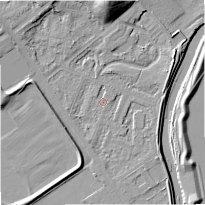 Shaded relief map of the ground around M73RT, computed from Environment Agency LiDAR. The ground here sits at about 30 m above sea level and falls 21 m across the surrounding 800 m. Surface water reaching this point runs off ground lying to the north-east, 2.0 m higher.
