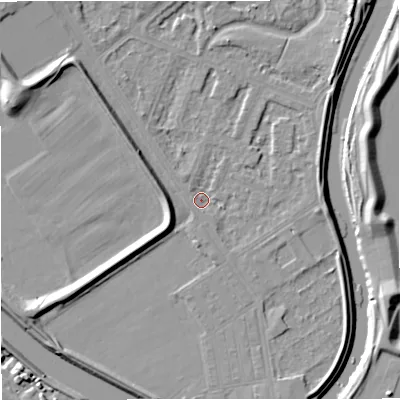 Shaded relief map of the ground around M73RU, computed from Environment Agency LiDAR. The ground here sits at about 30 m above sea level and falls 9 m across the surrounding 800 m. Surface water reaching this point runs off ground lying to the south-south-east, 3.2 m higher.