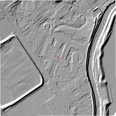 Shaded relief map of the ground around M73RW, computed from Environment Agency LiDAR. The ground here sits at about 30 m above sea level and falls 10 m across the surrounding 800 m. Surface water reaching this point runs off ground lying to the east-north-east, 3.0 m higher.