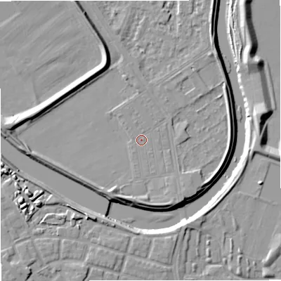 Shaded relief map of the ground around M73RX, computed from Environment Agency LiDAR. The ground here sits at about 31 m above sea level and falls 11 m across the surrounding 800 m. Surface water reaching this point runs off ground lying to the south-south-east, 0.8 m higher.