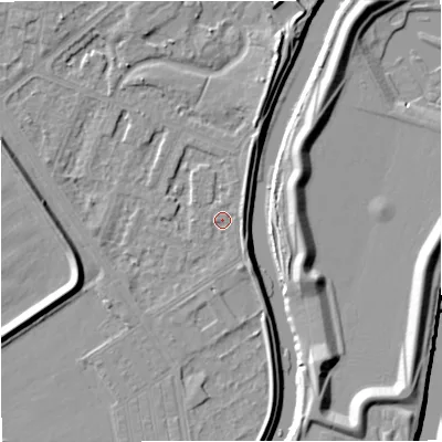 Shaded relief map of the ground around M73RY, computed from Environment Agency LiDAR. The ground here sits at about 30 m above sea level and falls 10 m across the surrounding 800 m. Surface water reaching this point runs off ground lying to the south-south-east, 2.7 m higher.