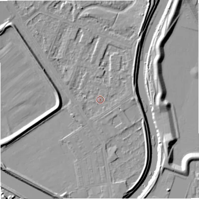 Shaded relief map of the ground around M73RZ, computed from Environment Agency LiDAR. The ground here sits at about 30 m above sea level and falls 11 m across the surrounding 800 m. Surface water reaching this point runs off ground lying to the south-south-east, 0.7 m higher.