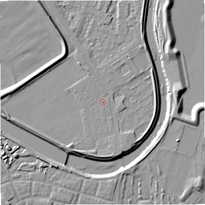 Shaded relief map of the ground around M73SA, computed from Environment Agency LiDAR. The ground here sits at about 31 m above sea level and falls 11 m across the surrounding 800 m. Surface water reaching this point runs off ground lying to the south-south-east, 2.2 m higher.