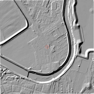 Shaded relief map of the ground around M73SB, computed from Environment Agency LiDAR. The ground here sits at about 31 m above sea level and falls 11 m across the surrounding 800 m. Surface water reaching this point runs off ground lying to the south-south-east, 3.0 m higher.