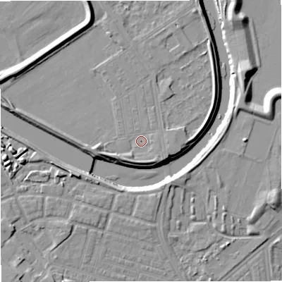 Shaded relief map of the ground around M73SD, computed from Environment Agency LiDAR. The ground here sits at about 32 m above sea level and falls 11 m across the surrounding 800 m. Surface water reaching this point runs off ground lying to the south-south-east, 1.9 m higher.