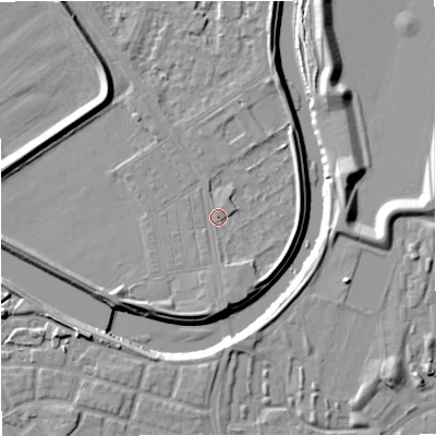 Shaded relief map of the ground around M73SE, computed from Environment Agency LiDAR. The ground here sits at about 31 m above sea level and falls 9 m across the surrounding 800 m. Surface water reaching this point runs off ground lying to the south, 2.8 m higher.