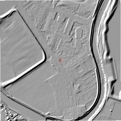 Shaded relief map of the ground around M73SF, computed from Environment Agency LiDAR. The ground here sits at about 30 m above sea level and falls 11 m across the surrounding 800 m. Surface water reaching this point runs off ground lying to the west-south-west, 1.4 m higher.
