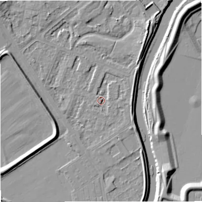 Shaded relief map of the ground around M73SG, computed from Environment Agency LiDAR. The ground here sits at about 30 m above sea level and falls 9 m across the surrounding 800 m. Surface water reaching this point runs off ground lying to the south-east, 1.8 m higher.