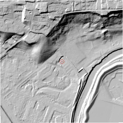Shaded relief map of the ground around M73ST, computed from Environment Agency LiDAR. The ground here sits at about 30 m above sea level and falls 49 m across the surrounding 800 m. Surface water reaching this point runs off ground lying to the north-north-west, 41.0 m higher.