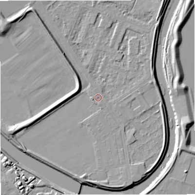 Shaded relief map of the ground around M73TA, computed from Environment Agency LiDAR. The ground here sits at about 31 m above sea level and falls 11 m across the surrounding 800 m. Surface water reaching this point runs off ground lying to the south-south-east, 0.5 m higher.
