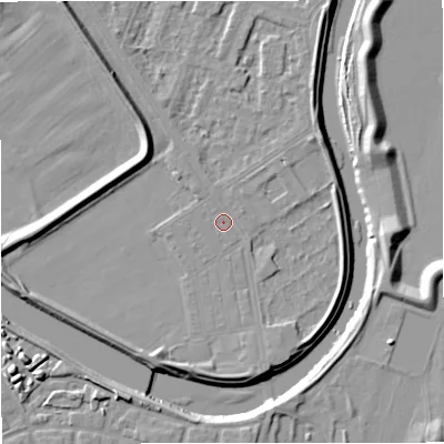 Shaded relief map of the ground around M73TB, computed from Environment Agency LiDAR. The ground here sits at about 31 m above sea level and falls 11 m across the surrounding 800 m. Surface water reaching this point runs off ground lying to the south-south-east, 2.2 m higher.