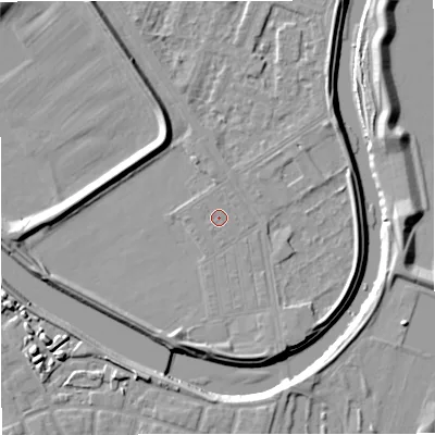 Shaded relief map of the ground around M73TD, computed from Environment Agency LiDAR. The ground here sits at about 31 m above sea level and falls 11 m across the surrounding 800 m. Surface water reaching this point runs off ground lying to the south-south-east, 2.2 m higher.