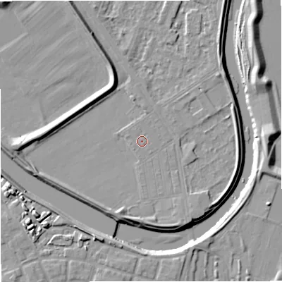 Shaded relief map of the ground around M73TE, computed from Environment Agency LiDAR. The ground here sits at about 31 m above sea level and falls 11 m across the surrounding 800 m. Surface water reaching this point runs off ground lying to the south-east, 0.6 m higher.