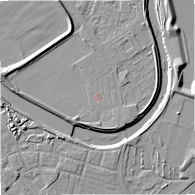 Shaded relief map of the ground around M73TF, computed from Environment Agency LiDAR. The ground here sits at about 31 m above sea level and falls 11 m across the surrounding 800 m. The ground contributing surface water to this point lies to the south-south-east.