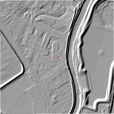 Shaded relief map of the ground around M73TG, computed from Environment Agency LiDAR. The ground here sits at about 30 m above sea level and falls 10 m across the surrounding 800 m. Surface water reaching this point runs off ground lying to the east-north-east, 2.1 m higher.
