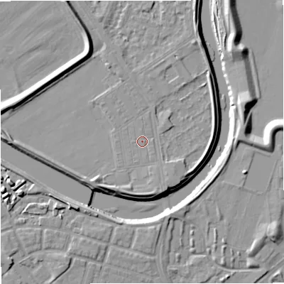 Shaded relief map of the ground around M73TH, computed from Environment Agency LiDAR. The ground here sits at about 31 m above sea level and falls 11 m across the surrounding 800 m. Surface water reaching this point runs off ground lying to the south-east, 1.0 m higher.