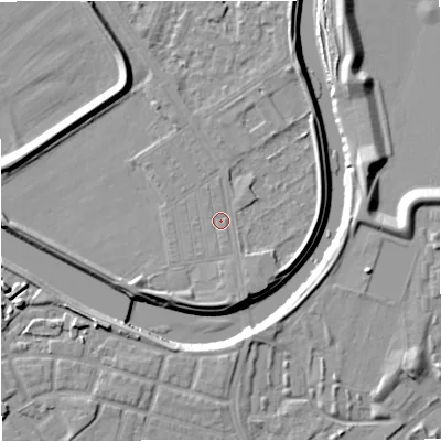 Shaded relief map of the ground around M73TJ, computed from Environment Agency LiDAR. The ground here sits at about 31 m above sea level and falls 11 m across the surrounding 800 m. Surface water reaching this point runs off ground lying to the south-south-east, 2.2 m higher.