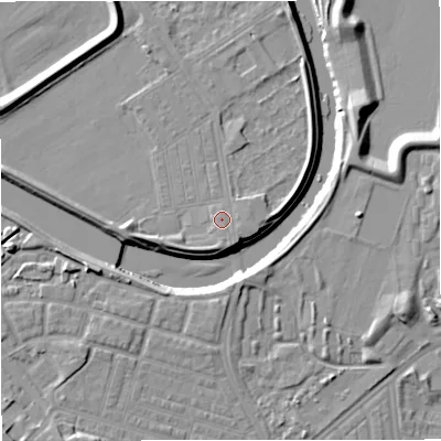 Shaded relief map of the ground around M73TL, computed from Environment Agency LiDAR. The ground here sits at about 32 m above sea level and falls 11 m across the surrounding 800 m. Surface water reaching this point runs off ground lying to the south-south-east, 0.9 m higher.