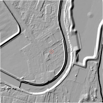 Shaded relief map of the ground around M73TN, computed from Environment Agency LiDAR. The ground here sits at about 30 m above sea level and falls 10 m across the surrounding 800 m. Surface water reaching this point runs off ground lying to the south, 3.0 m higher.