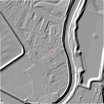 Shaded relief map of the ground around M73TP, computed from Environment Agency LiDAR. The ground here sits at about 30 m above sea level and falls 10 m across the surrounding 800 m. Surface water reaching this point runs off ground lying to the south, 3.0 m higher.
