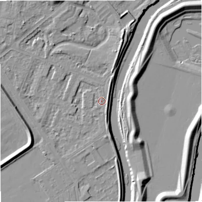 Shaded relief map of the ground around M73TQ, computed from Environment Agency LiDAR. The ground here sits at about 30 m above sea level and falls 10 m across the surrounding 800 m. Surface water reaching this point runs off ground lying to the north-east, 1.0 m higher.
