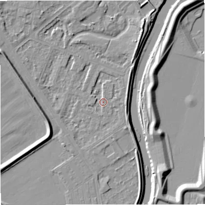 Shaded relief map of the ground around M73TR, computed from Environment Agency LiDAR. The ground here sits at about 30 m above sea level and falls 9 m across the surrounding 800 m. Surface water reaching this point runs off ground lying to the south, 1.4 m higher.