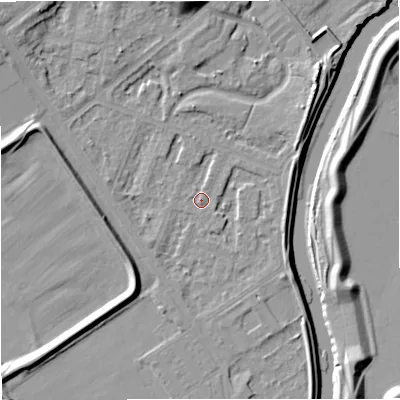 Shaded relief map of the ground around M73TS, computed from Environment Agency LiDAR. The ground here sits at about 30 m above sea level and falls 12 m across the surrounding 800 m. Surface water reaching this point runs off ground lying to the east-north-east, 3.0 m higher.