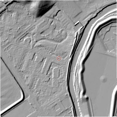 Shaded relief map of the ground around M73TT, computed from Environment Agency LiDAR. The ground here sits at about 30 m above sea level and falls 23 m across the surrounding 800 m. Surface water reaching this point runs off ground lying to the east-north-east, 4.0 m higher.