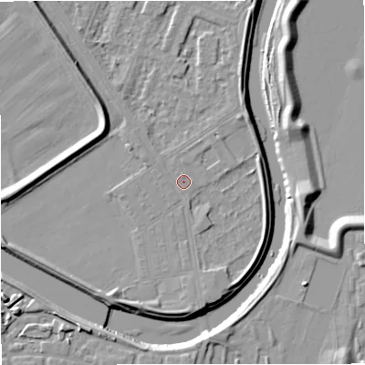 Shaded relief map of the ground around M73TW, computed from Environment Agency LiDAR. The ground here sits at about 31 m above sea level and falls 11 m across the surrounding 800 m. Surface water reaching this point runs off ground lying to the north, 0.7 m higher.
