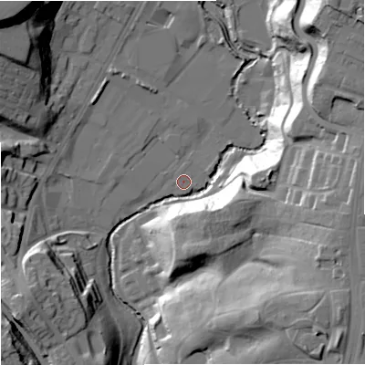 Shaded relief map of the ground around M80AA, computed from Environment Agency LiDAR. The ground here sits at about 40 m above sea level and falls 41 m across the surrounding 800 m. Surface water reaching this point runs off ground lying to the north-north-west, 4.2 m higher.