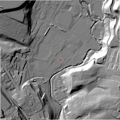 Shaded relief map of the ground around M80AD, computed from Environment Agency LiDAR. The ground here sits at about 41 m above sea level and falls 38 m across the surrounding 800 m. The ground contributing surface water to this point lies to the north-west.