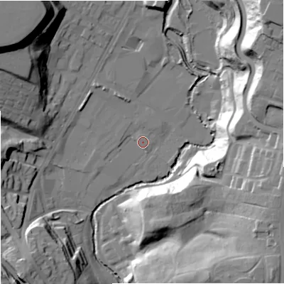 Shaded relief map of the ground around M80GF, computed from Environment Agency LiDAR. The ground here sits at about 41 m above sea level and falls 42 m across the surrounding 800 m. Surface water reaching this point runs off ground lying to the north-north-west, 4.2 m higher.