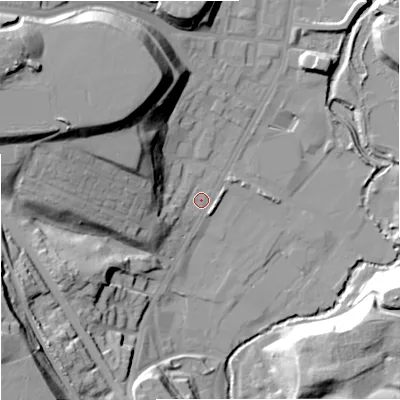Shaded relief map of the ground around M80GQ, computed from Environment Agency LiDAR. The ground here sits at about 43 m above sea level and falls 39 m across the surrounding 800 m. Surface water reaching this point runs off ground lying to the north-west, 33.7 m higher.