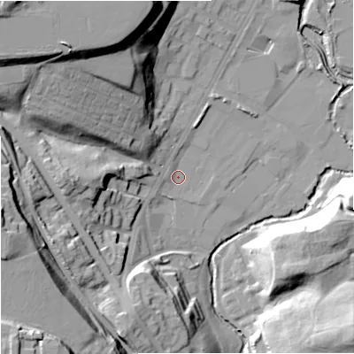 Shaded relief map of the ground around M80GR, computed from Environment Agency LiDAR. The ground here sits at about 41 m above sea level and falls 38 m across the surrounding 800 m. Surface water reaching this point runs off ground lying to the north-west, 28.8 m higher.