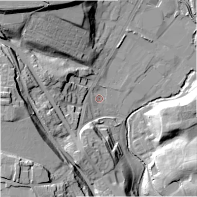 Shaded relief map of the ground around M80LU, computed from Environment Agency LiDAR. The ground here sits at about 41 m above sea level and falls 38 m across the surrounding 800 m. Surface water reaching this point runs off ground lying to the west-north-west, 2.6 m higher.