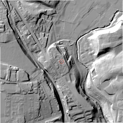Shaded relief map of the ground around M80QL, computed from Environment Agency LiDAR. The ground here sits at about 54 m above sea level and falls 40 m across the surrounding 800 m. Surface water reaching this point runs off ground lying to the west, 3.7 m higher.