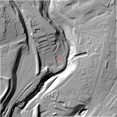 Shaded relief map of the ground around M80RG, computed from Environment Agency LiDAR. The ground here sits at about 38 m above sea level and falls 41 m across the surrounding 800 m. Surface water reaching this point runs off ground lying to the north-west, 17.6 m higher.