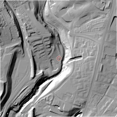 Shaded relief map of the ground around M80RQ, computed from Environment Agency LiDAR. The ground here sits at about 38 m above sea level and falls 41 m across the surrounding 800 m. Surface water reaching this point runs off ground lying to the north-west, 22.6 m higher.