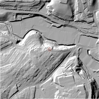 Shaded relief map of the ground around M84GX, computed from Environment Agency LiDAR. The ground here sits at about 68 m above sea level and falls 36 m across the surrounding 800 m. Surface water reaching this point runs off ground lying to the south-west, 3.7 m higher.