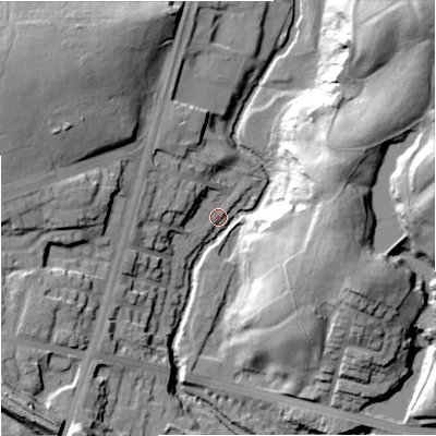 Shaded relief map of the ground around M84NF, computed from Environment Agency LiDAR. The ground here sits at about 56 m above sea level and falls 34 m across the surrounding 800 m. Surface water reaching this point runs off ground lying to the north-east, 32.5 m higher.
