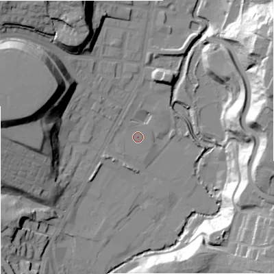 Shaded relief map of the ground around M85DB, computed from Environment Agency LiDAR. The ground here sits at about 43 m above sea level and falls 40 m across the surrounding 800 m. The ground contributing surface water to this point lies to the north-west.