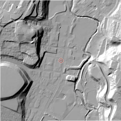 Shaded relief map of the ground around M85UA, computed from Environment Agency LiDAR. The ground here sits at about 45 m above sea level and falls 40 m across the surrounding 800 m. Surface water reaching this point runs off ground lying to the west-north-west, 6.8 m higher.