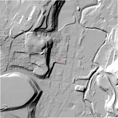 Shaded relief map of the ground around M85UB, computed from Environment Agency LiDAR. The ground here sits at about 48 m above sea level and falls 40 m across the surrounding 800 m. Surface water reaching this point runs off ground lying to the north-west, 31.9 m higher.