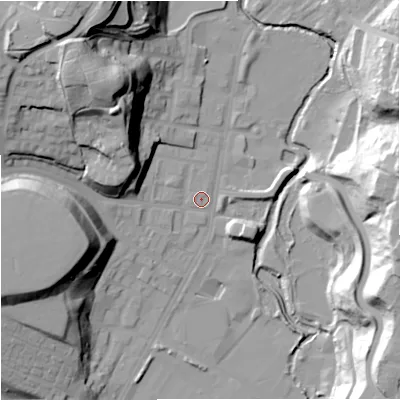 Shaded relief map of the ground around M85UG, computed from Environment Agency LiDAR. The ground here sits at about 45 m above sea level and falls 40 m across the surrounding 800 m. Surface water reaching this point runs off ground lying to the north-west, 34.9 m higher.