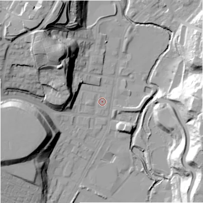 Shaded relief map of the ground around M85US, computed from Environment Agency LiDAR. The ground here sits at about 45 m above sea level and falls 40 m across the surrounding 800 m. Surface water reaching this point runs off ground lying to the west-north-west, 19.2 m higher.