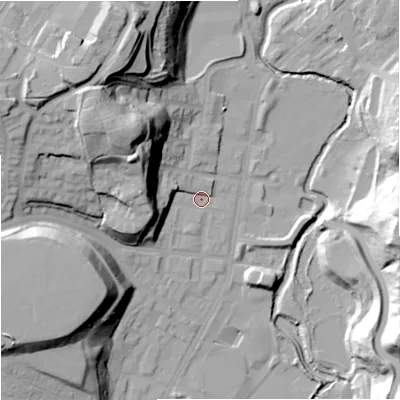 Shaded relief map of the ground around M85UT, computed from Environment Agency LiDAR. The ground here sits at about 45 m above sea level and falls 40 m across the surrounding 800 m. Surface water reaching this point runs off ground lying to the west, 18.9 m higher.