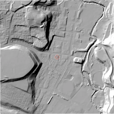 Shaded relief map of the ground around M85UY, computed from Environment Agency LiDAR. The ground here sits at about 46 m above sea level and falls 39 m across the surrounding 800 m. Surface water reaching this point runs off ground lying to the north-north-west, 33.9 m higher.