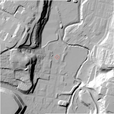 Shaded relief map of the ground around M85XB, computed from Environment Agency LiDAR. The ground here sits at about 46 m above sea level and falls 38 m across the surrounding 800 m. Surface water reaching this point runs off ground lying to the west, 33.1 m higher.
